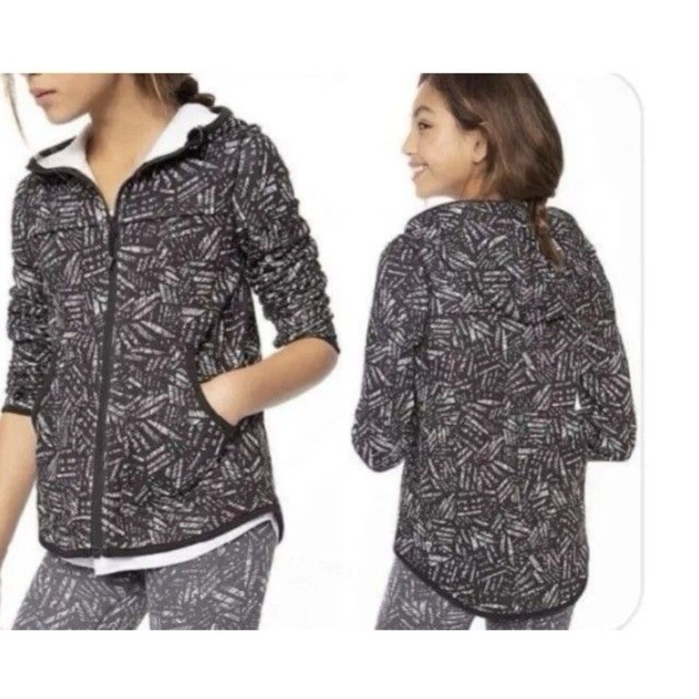 Ivivva Lululemon Girls 14 Jacket, Black White Abstract Print Zip Hood Athletic